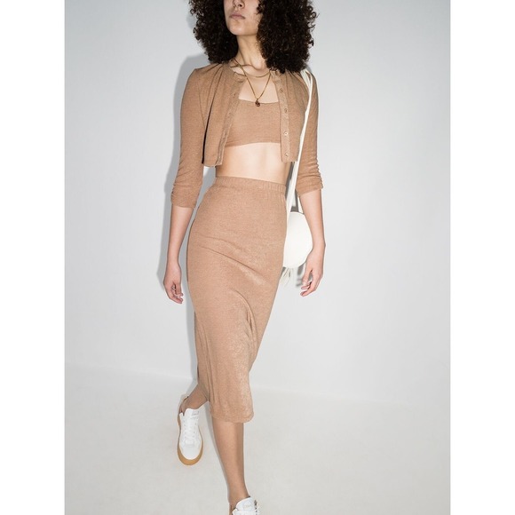 Reformation Janice Tan 3 Piece Set Knit Cardigan Crop Top & Skirt Size L